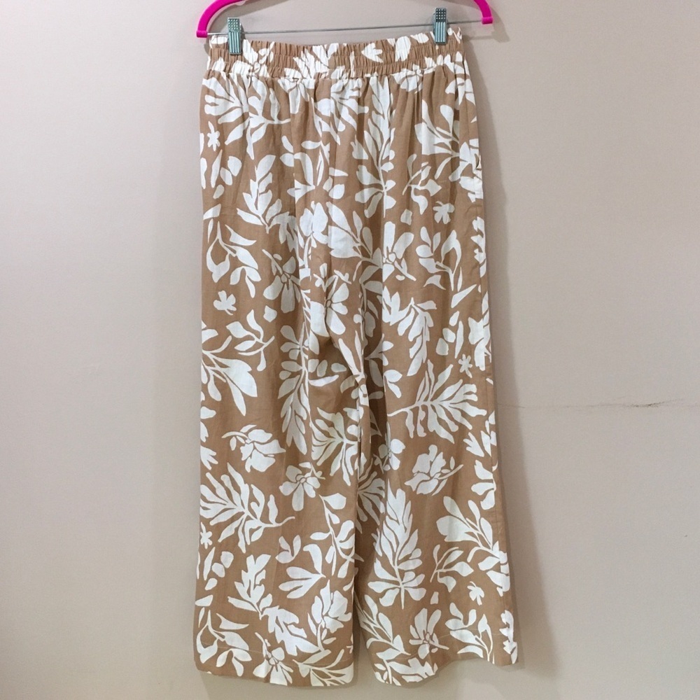 Christian Siriano Linen Palazzo Pants Wide Leg Cropped Brown White Tropical Sz M - Picture 6 of 6
